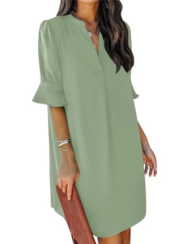 QACOHU Women's Ruffle Short Sleeve V-Neck Straight Casual Casual Elegant Solid Color Simple Dress Tunic Dress Light Green L