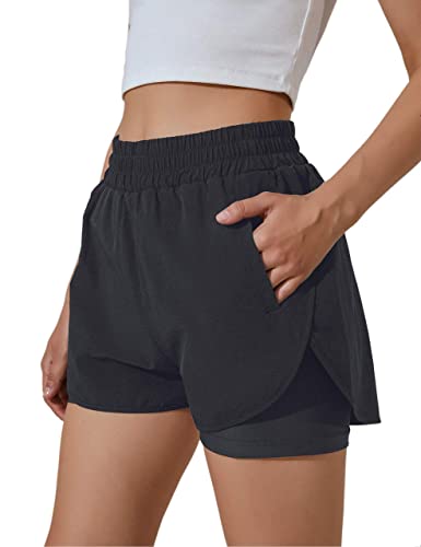 BMJL Women's Running Shorts Elastic Waistband High Waisted Short Pocket Sporty Workout Short Gym Athletic Shorts Pant (Small, Black)