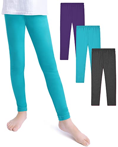 KEREDA 3 Pack Girls Leggings Toddler Full-Length Tights Knit Pants Size 9-10Y (Purple,Grey,Green)