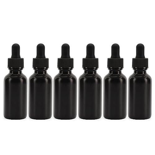 Cornucopia 1oz Black Coated Glass UV Resistant Eye Dropper Bottles (6 pack), UV Safe Bottles for Essential Oils and Aromatherapy