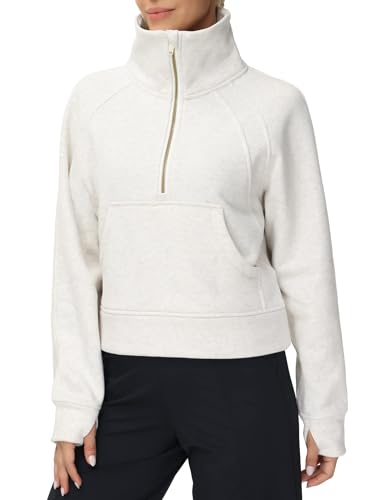 THE GYM PEOPLE Women's Half Zip Pullover Sweatshirt Fleece Stand Collar Crop Sweatshirt with Pockets Thumb Hole Off-white