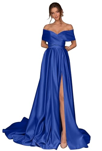 Off Shoulder Prom Long Dresses A-Line Pleated Slit Dresses Evening Gowns for Women Formal (Royal Gown),Royal 16