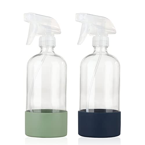 HOMBYS Empty Clear Glass Spray Bottles with Silicone Sleeve Protection - Refillable 16 oz Containers - 2 Pack