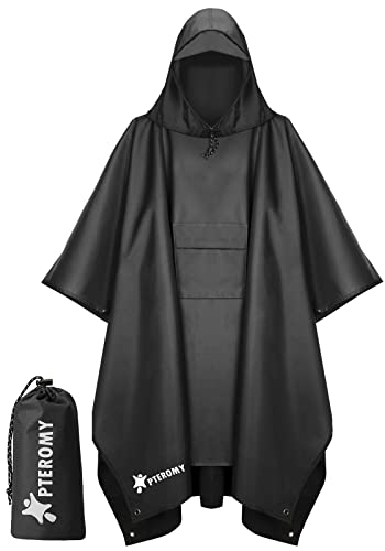 PTEROMY Hooded Rain Poncho for Adult with Pocket, Waterproof Lightweight Unisex Raincoat for Hiking Camping Emergency (Black)