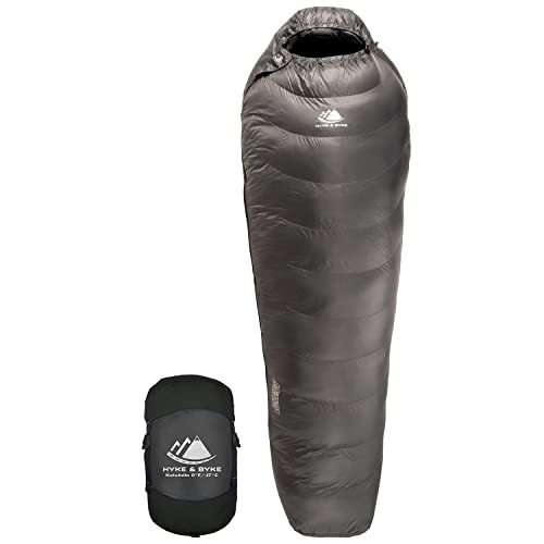 Hyke & Byke Katahdin 0°F Cold Weather Mummy Hiking & Backpacking Sleeping Bag - Synthetic 625 FP 4 Season Sleeping Bags for Adults - Ultralight Includes Compression Stuff Sack (Charcoal Gray, Regular)