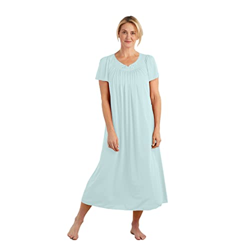 Miss Elaine Tricot Nightgown, Long Sleep Dress With Comfortable Lightweight Fabric, Flutter Sleeves (Medium, Sea Foam)