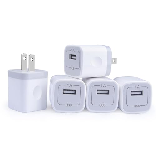 Single Port USB Wall Charger, GiGreen 1A/5V Power Adapter 5 Pack Charging Block Cube Plug Box Compatible Phone X/8/7/Xs/XR/6s/5/SE, Samsung S9/S8/S7/S6 Edge, Note 8, LG G5 V30, Moto, Pixel, Nexus, HTC