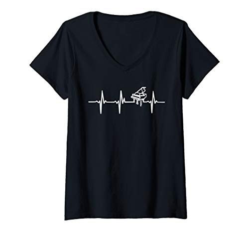 Womens Piano Heartbeat Piano V-Neck T-Shirt