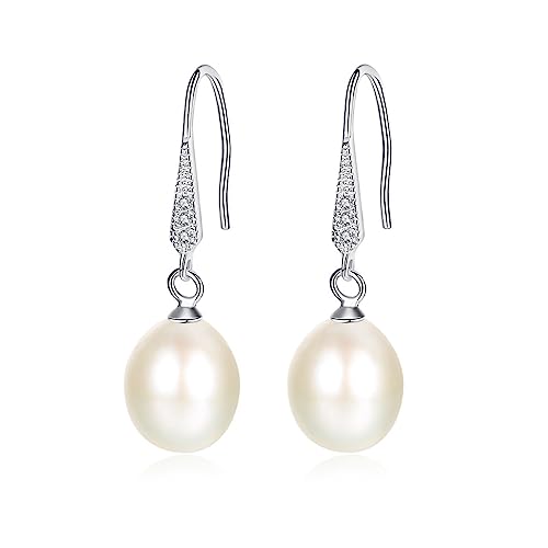 Gdirection 925 Sterling Silver Handpicked AAA+ Quality Freshwater Cultured Pearl Earrings for Women, CZ Cubic Zirconia S925 Fishhook Drop Dangle Ear Hook With Gift Box (white+silver (FE0166))