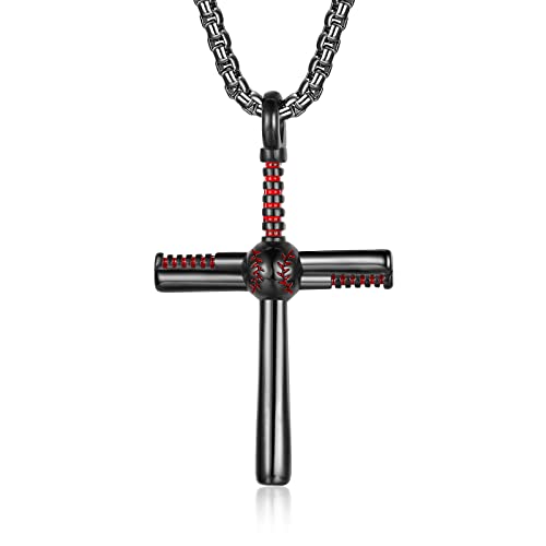 HattiDoris Baseball Corss Necklace for Boys Personalized Baseball Bat Charm Pendant Stainless Steel Chain 22inch Baseball Jewelry Gift for Men(D-Black)