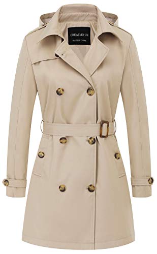 CREATMO US Women's Trench Coats Casual Double Breasted Spring Fall Long Trench Coat with Belt Khaki M
