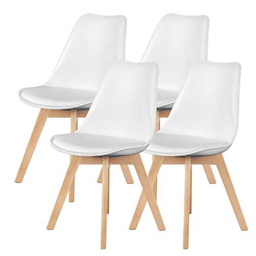 Sweetcrispy Dining Chairs Set of 4, Mid Century Modern Dining Room Chairs, PU Leather Upholstered Chairs with Wood Legs, Living Room Bedroom Lounge Kitchen Chairs, White