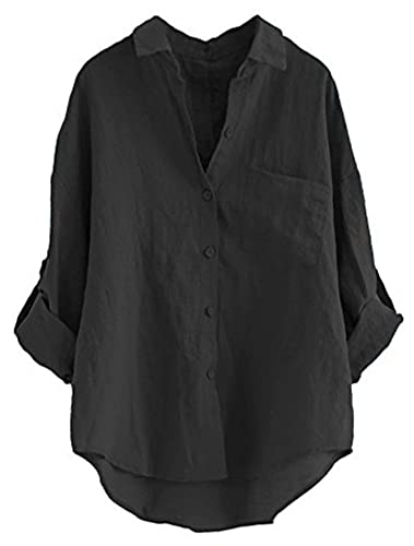 Minibee Women's Linen Blouse High Low Shirt Roll-Up Sleeve Tops Black L