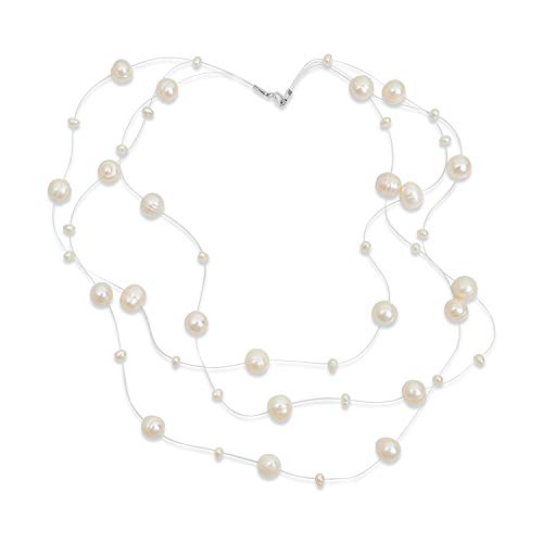 Shades of White Multi Strand Fishing Line Freshwater Cultured Pearl Illusion Necklace For Women Wedding Bridesmaid Formal Party