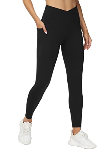 THE GYM PEOPLE Women's V Cross Waist Workout Leggings Tummy Control Running Yoga Pants with Pockets(Black, Small)