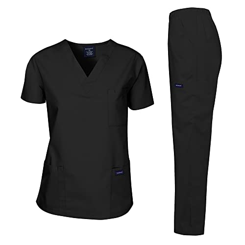 Dagacci Medical Uniform Womens and Mens Scrub Set Unisex Medical Scrub Shirt Top and Pant, Black, Large, Short Sleeve