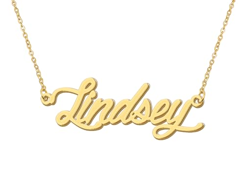 Aoloshow Lindsey Pendant Name Necklace 18k Gold Plated Nameplate Necklace Chain Stainless Steel Womens Jewelry for Daughter