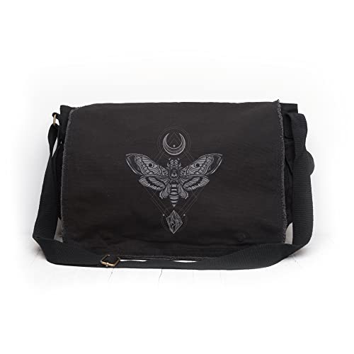 Black Lantern Canvas Messenger Bag - Moth Moon Rock - Aesthetic Crossbody Bags for Women & Men - Cute Vintage Cross Body Purse, Large Shoulder Bag with Zipper