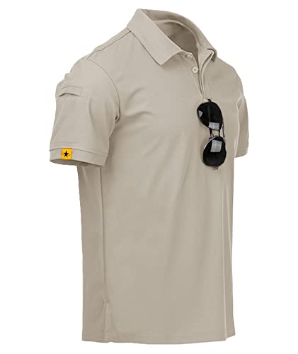 V VALANCH Men Shirts Casual Short Sleeves Polo Shirts with Pockets Lapel T-Shirts,Light Khaki,2XL