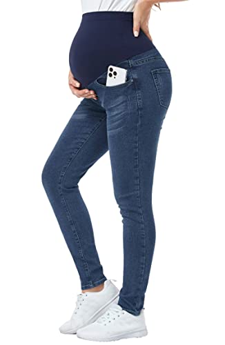 PACBREEZE Women's Maternity Jeans Over The Belly Slim Stretchy High Waist Denim Skinny Pants with Pockets (Dark Blue, Large)