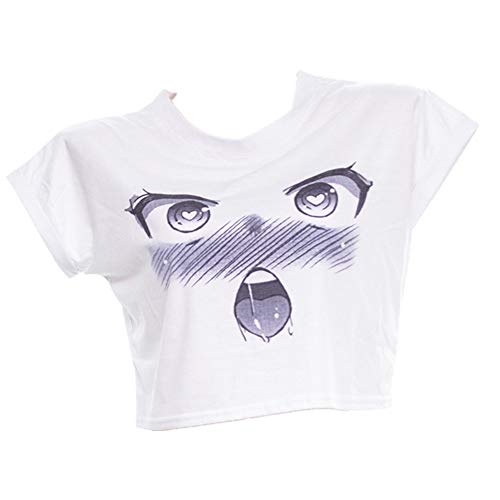 Women's Ahegao Print Short Sleeve Crop Top Casual Round Neck Soild Basic T-Shirt (Ahegao) One Size