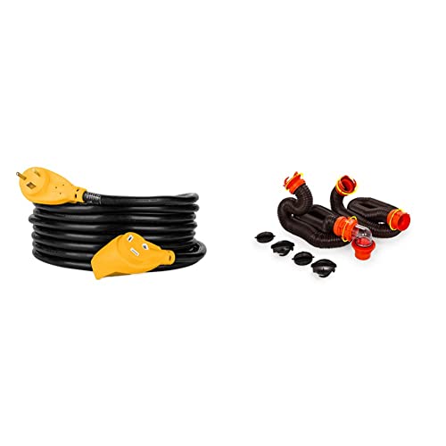 Camco PowerGrip RV Extension Cord | Features Power Grip Handles and an Extremely Flexible Design | 30-Amp, 10-Gauge, 25 Feet (55191) & 20' (39742) RhinoFLEX 20-Foot RV Sewer Hose Kit, Black, Brown