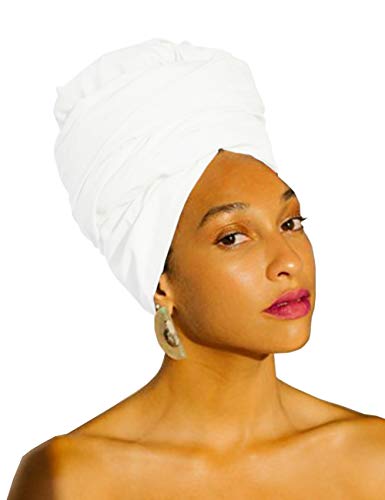 Harewom Turban Head Wrap Scarf,African Long Scarf Turban Shawl Headwrap,Soft Stretchy Headbands White
