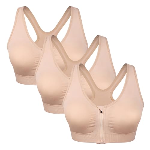 Women's Zip Front Sports Bra Wireless Post-Surgery Bra Zipper Closure Bras Padded Surgical Bra Racerback Workout Bra Active Yoga Sports Bra Zip Up Bras Comfortable Mastectomy bra(Medium, 3 pack Flesh)