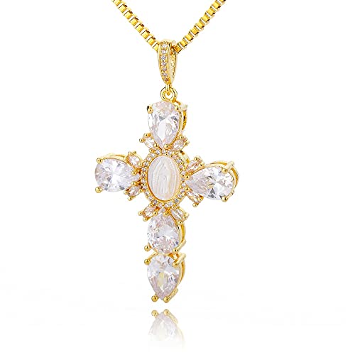 EGO VINA White Crystal Zircon Cross Necklace For Women Choker Charm Virgin Mary Pendant Box Chain Female Jewelry Collier Femme - Gold-color - 17.5 inch (box)