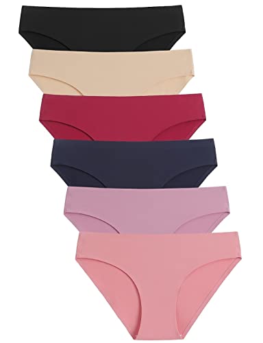 Caterlove Women's Seamless Underwear No Show Stretch Bikini Panties Silky Invisible Hipster 6 Pack (A, Large)
