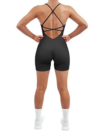 SUUKSESS Women Strappy Romper Workout Yoga Seamless One Piece Jumpsuit Tummy Control Padded Sports Bra (Black, L)