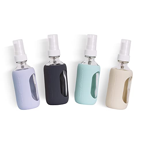 SAVVY PLANET Empty Clear Glass 2oz Small Spray Bottles with Silicone Sleeve Protection - Refillable Containers for Travel, Cleaning Solutions, Essential Oils, Sanitizers - Quality Sprayer - 4 Pack