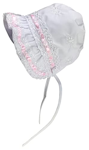 N'Ice Caps Baby Girls Lacy Bonnet with Flowers Embroidery (White with Pink Ribbon, 3-6 Months)