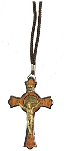 Catholica Shop I Catholic Religious Wear I Handmade Saint Benedict Jatoba Wood Gold Tone Crucifix Cross Corded Necklace I Crucifix Cross Necklace for Men & Women I Made in Brazil 1.77 Inches - Small