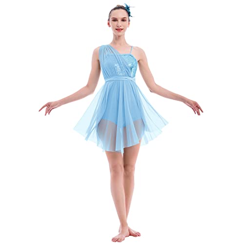 Lyrical Dance Costume for Women Adult Modern Contemporary Dancewear Sequin One Shoudler Flowy Mesh Tulle Leotard Dress with Flower Hair Clip Ballet Ballroom Outfit Competition Clothes Blue S