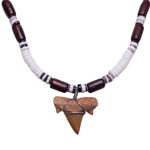 BlueRica Fossil Shark Tooth on Puka Shell Beads & Wood Tubes Necklace (18' 2S)