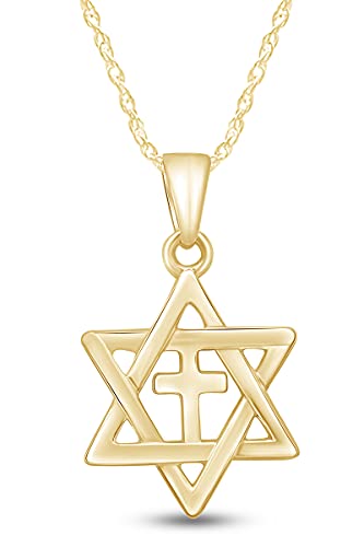 AFFY Jewish Star of David with Cross Pendant Necklace in 14k Yellow Gold Over Sterling Silver