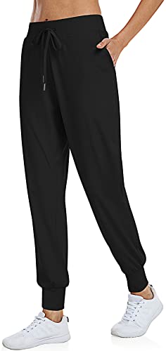 UEU Womens Jogger Pants Lounge Running Drawstring Tapered Sweatpants with Pockets for Workout Athletic Casual Outdoor (Black, S)