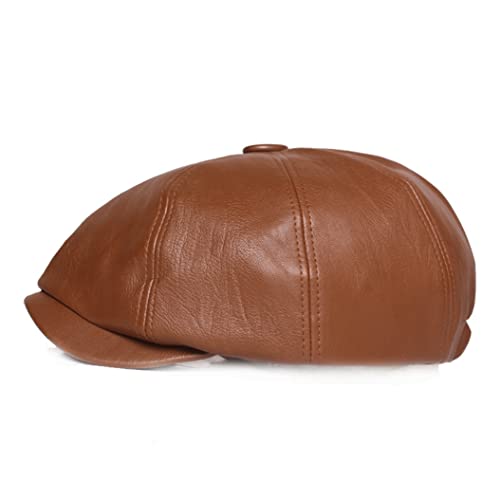 BRU-URB PU Leather Newsboy Cap for Men Brown Black Casual Octagonal Hat Autumn Winter British Style Retro Berets Hat, 6 7/8-7 3/8