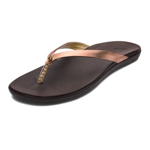 OLUKAI Ho'Opio Leather Women's Beach Sandals, Full-Grain Leather Flip-Flop Slide, Modern Low Profile Design & Comfortable Fit, Copper/Dk Java, 7