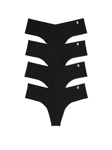 Victoria's Secret No Show Thong Underwear Pack, Panties for Women, Raw Cut Edges, 4 Pack, Black (M)