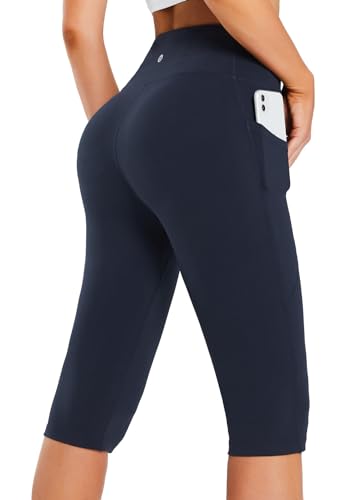 BALEAF Women's Knee Length Leggings High Waisted Petite Yoga Workout Exercise Capris for Casual Summer with Pockets Navy Blue M
