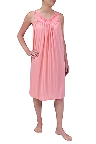 Miss Elaine Nightgown - Women's Short Nylon Tricot Gown, Sleeveless Gown with Petal Embriodery at Round Neck (Large, Coral Ice)