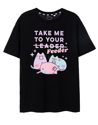 Pusheen Womens Short Sleeve T-Shirt | Ladies Take me to Your Feeder Kitty Graphic Tee in Black | Oversized Cat Apparel Top