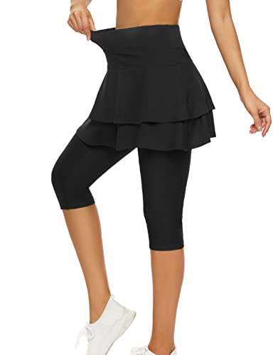 WOWENY Tennis Skirted Leggings with Pockets for Women Golf Skapri Leggings with Skirt (L, 2-Layer Black Skirted Capri)