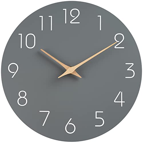Mosewa Silent Non-Ticking Wall Clock Decorative for Kitchen, Bedroom, Bathroom, Office, Living Room, Battery Operated - 10 Inch Wood Modern Simple (Gray)