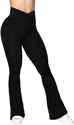 Sunzel Flare Leggings, Crossover Yoga Pants for Women with Tummy Control, High-Waisted and Wide Leg 34' Black Large