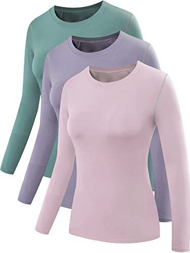 NELEUS Women's 3 Pack Dry Fit Athletic Compression Long Sleeve T Shirt,8019,Pink/Purple/Blackish Green,S