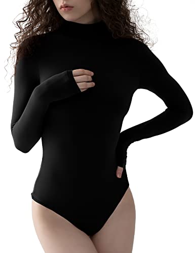 PUMIEY Bodysuit for Women Long Sleeve Mock Turtle Neck Body Suits T-shirt Tops, Jet Black Small