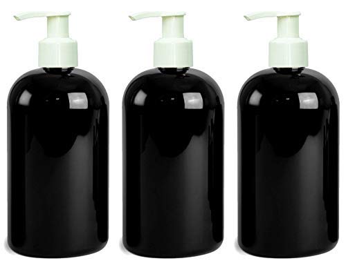 Grand Parfums EMPTY 16 Oz BLACK Plastic Soap Dispenser Bottles with White Lotion Pumps, for Gel, Soap, Shampoo, Body Lotion, Cream, Refillable (3 Bottles)
